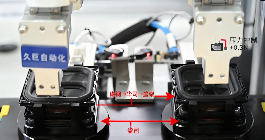 久巨自动化-TV喇叭自动化生产线-磁钢-华司-盆架自动化组装